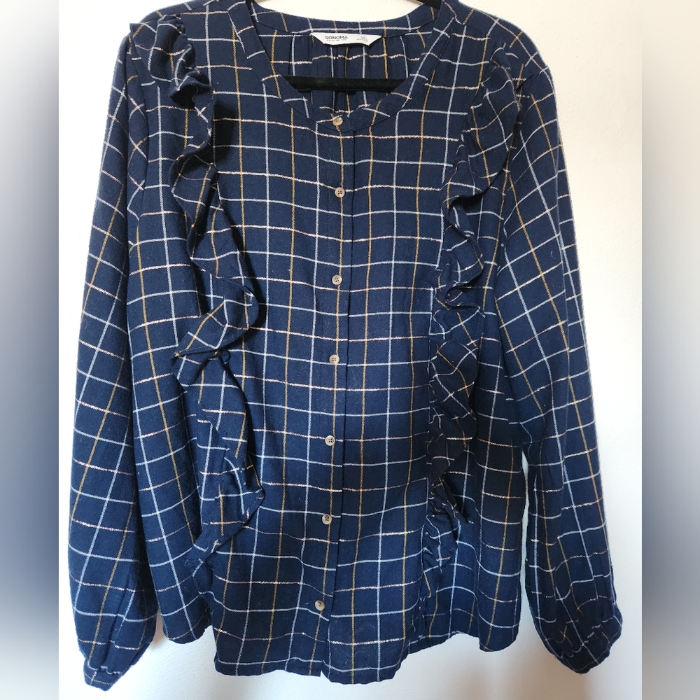 Sonoma Navy Plaid Ruffle Button-Up Shirt Size XXL